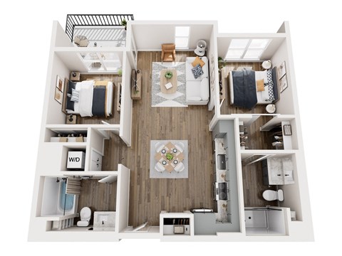 A top-down view of a small, neatly organized apartment with a kitchen, living room, and bedroom.